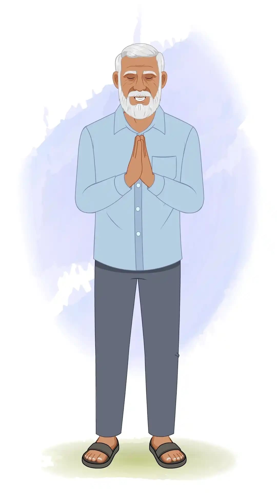An Indian elder man greeting animated vector cartoon character AKA Ramgopal