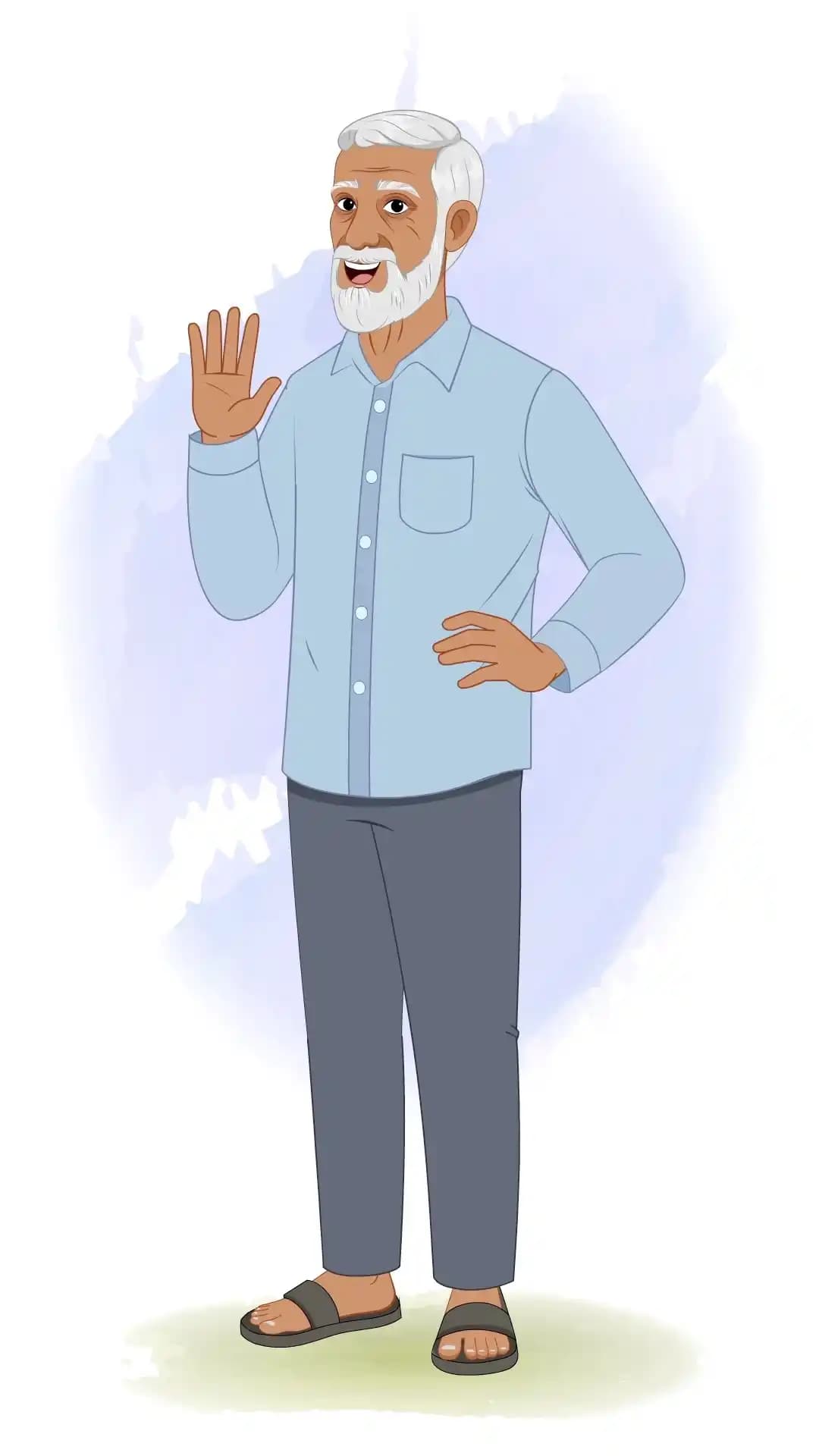 An Indian elder man saying hi animated vector cartoon character AKA Ramgopal