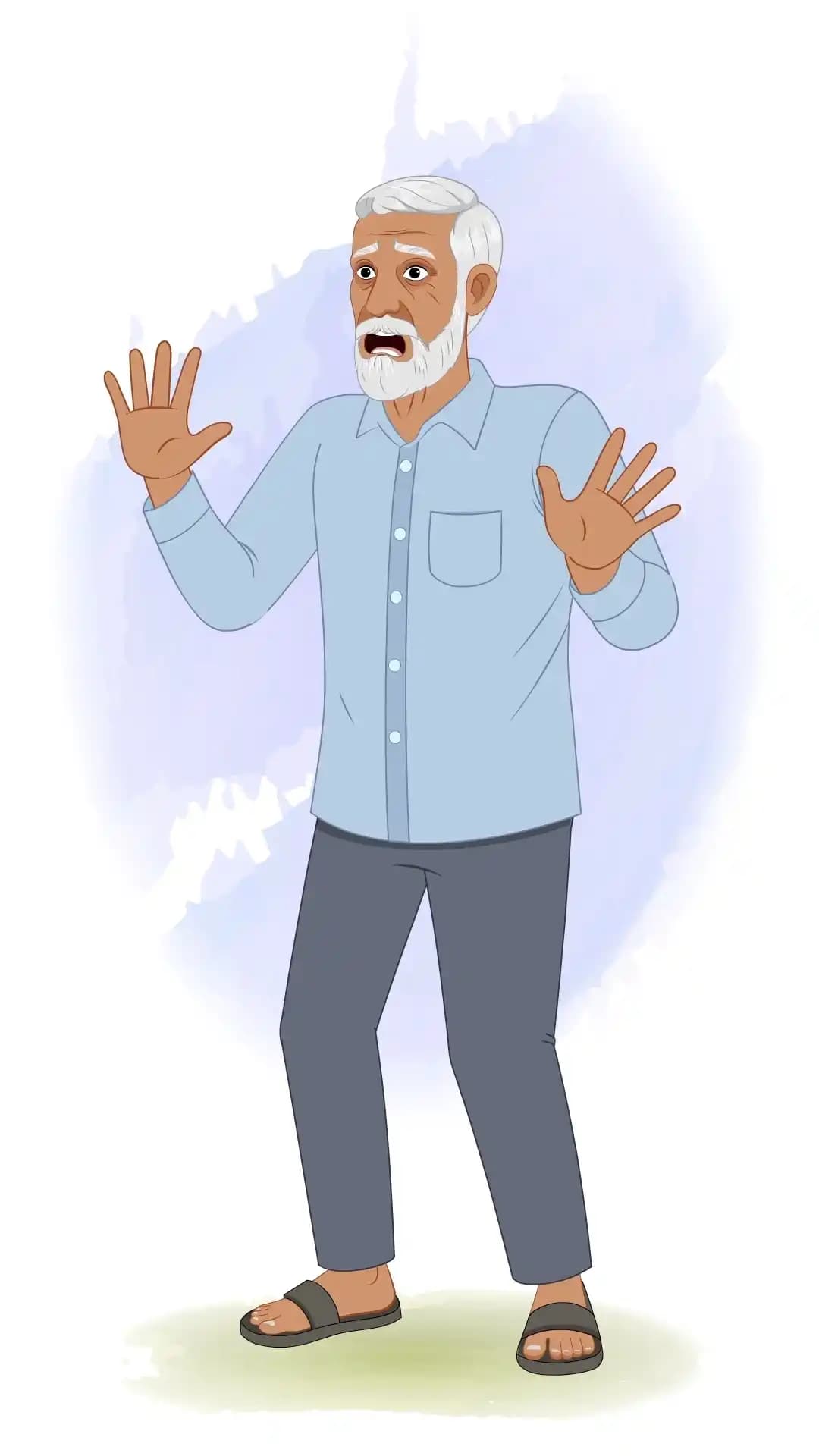 An Indian elder man scared pose animated vector cartoon character AKA Ramgopal