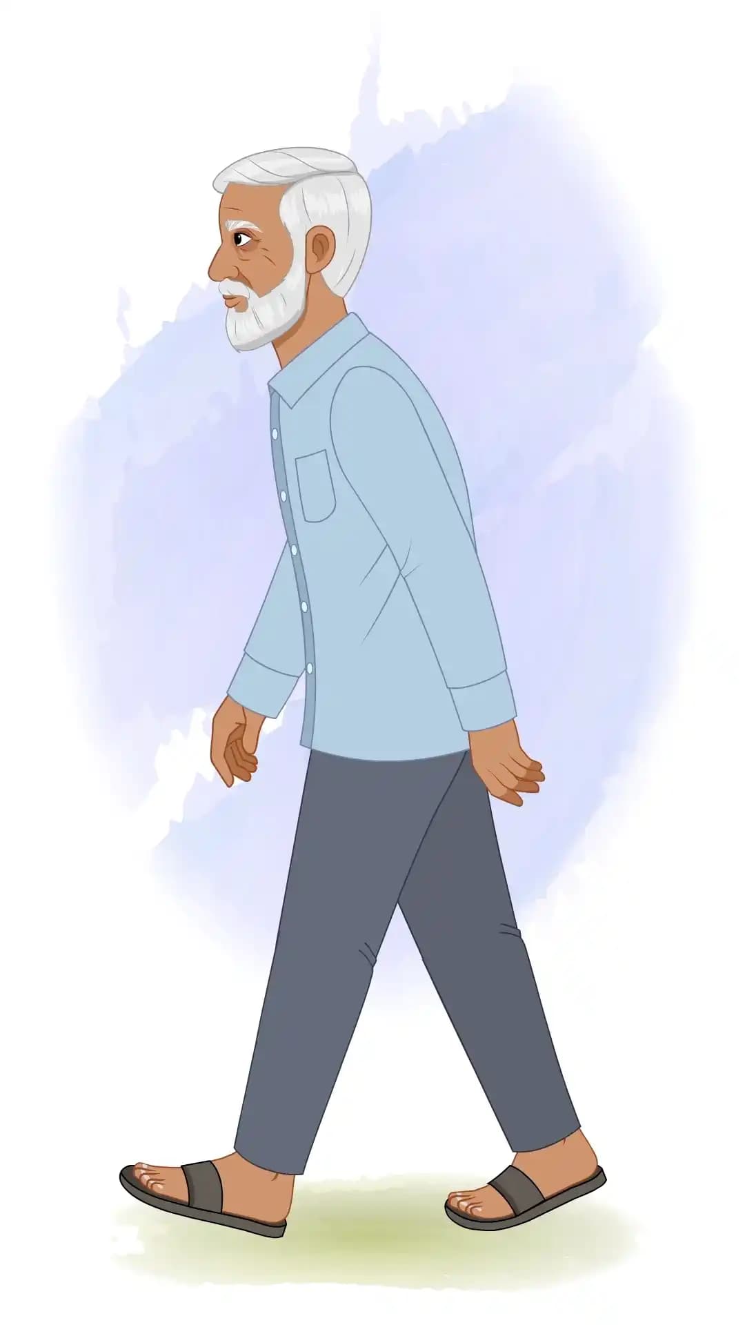 An Indian elder man side walk animated vector cartoon character AKA Ramgopal
