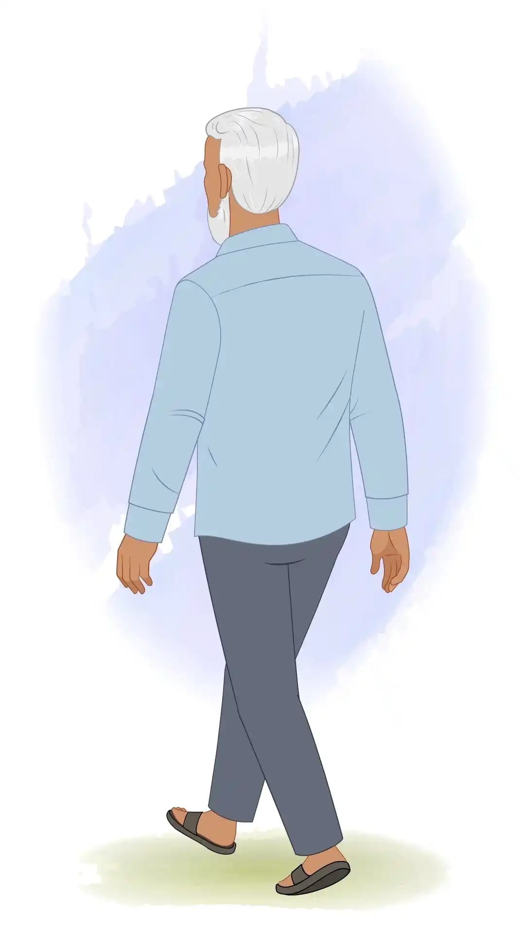 An Indian elder man walk back third view animated vector cartoon character AKA Ramgopal