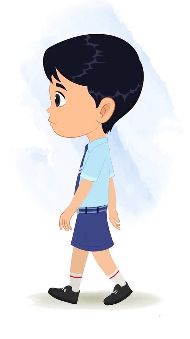 An Indian school boy walking side view animated cartoon character aka ishaan