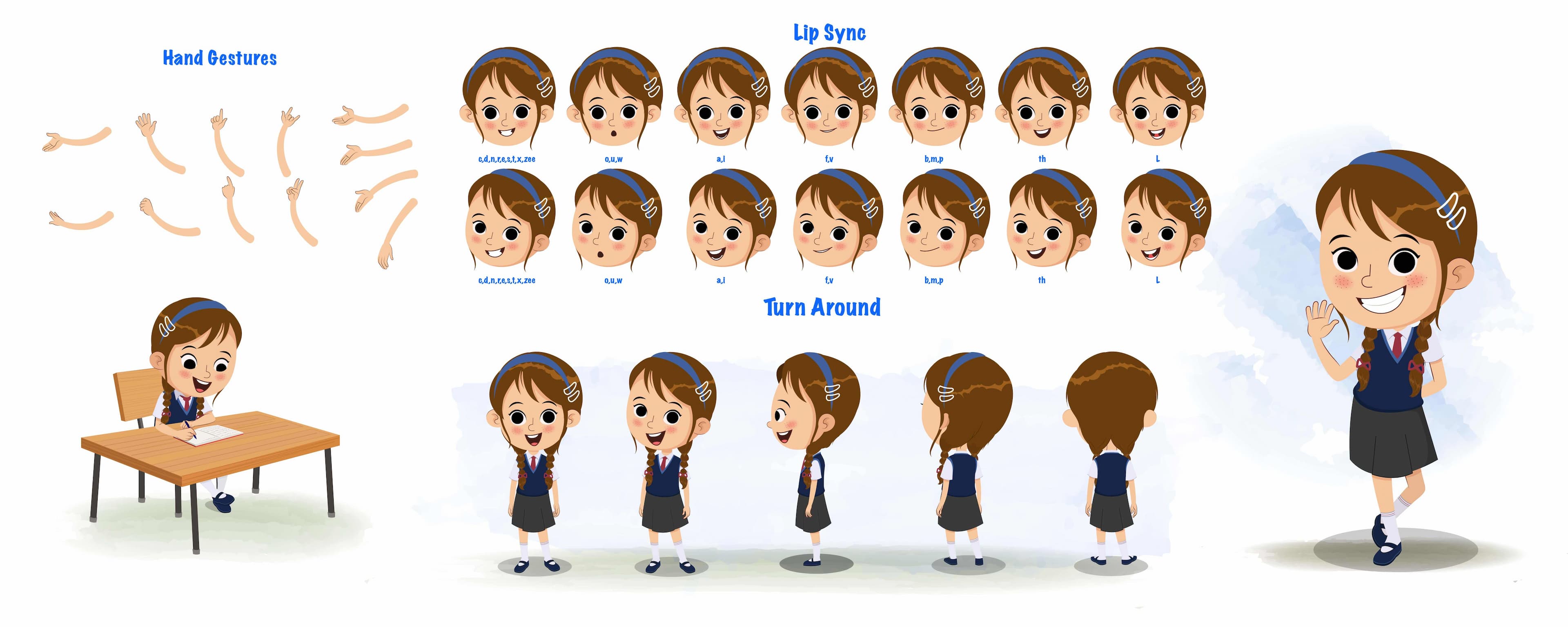 A cartoon school girl vector character bundle model sheet for animation aka nancy