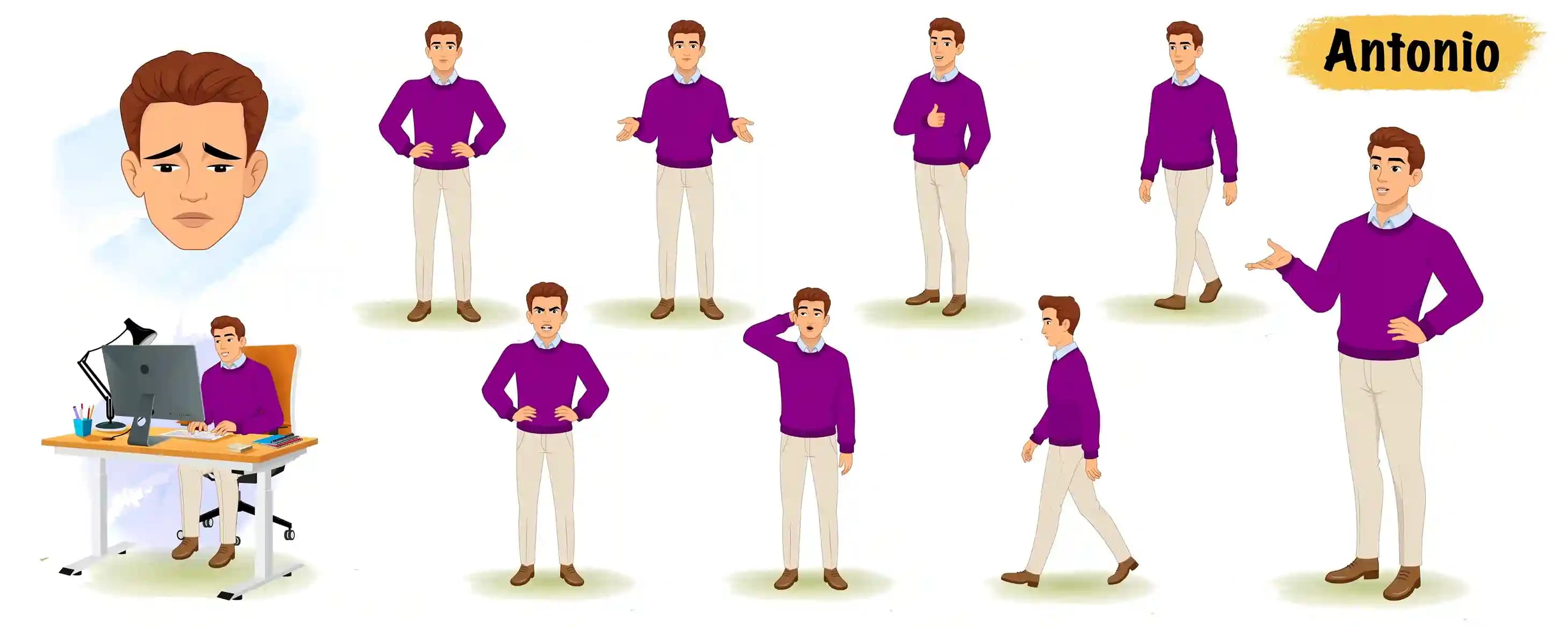 A Young office man animated vector cartoon character in purple sweater AKA Antonio