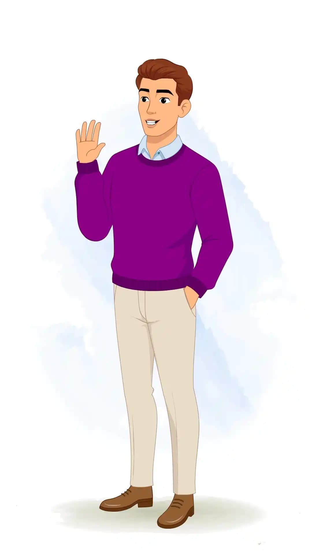 Vector illustration of a young man in a one‑third three‑quarter view, casually waving hello with one hand while the other rests in his pocket, wearing a purple sweater, beige trousers, and brown loafers, exuding a warm, approachable greeting stance AKA Antonio