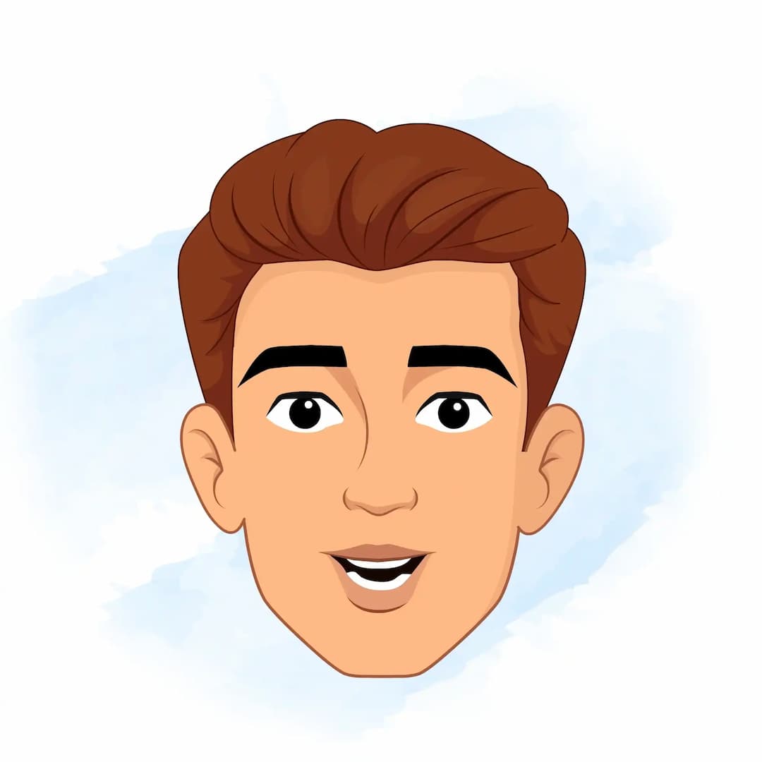 Vector model sheet displaying a young man’s head in multiple facial expressions and corresponding mouth shapes for lip‑sync, including happy, sad, angry, confused, nervous and more, all arranged in a single editable layout AKA Antonio