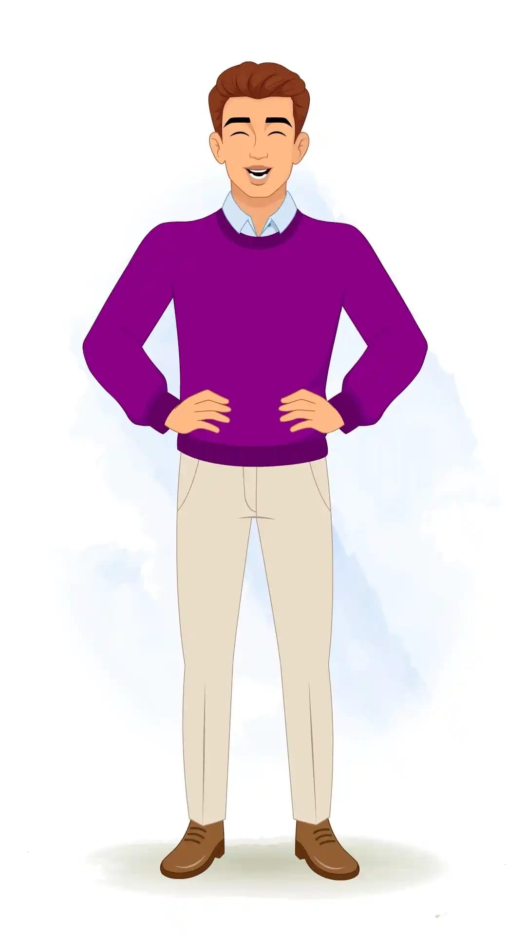 Vector illustration of a young man seen from the front, hands on hips, laughing with eyes closed and mouth wide open, wearing a purple sweater and beige trousers AKA Antonio