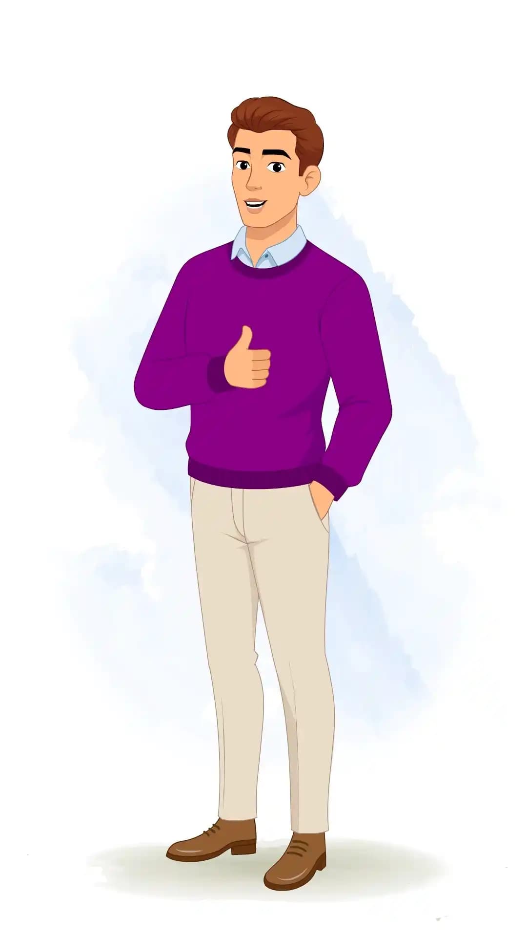 Vector illustration of a young man in a front view, wearing a purple sweater and beige trousers, smiling confidently and giving a thumbs‑up approval gesture AKA Antonio