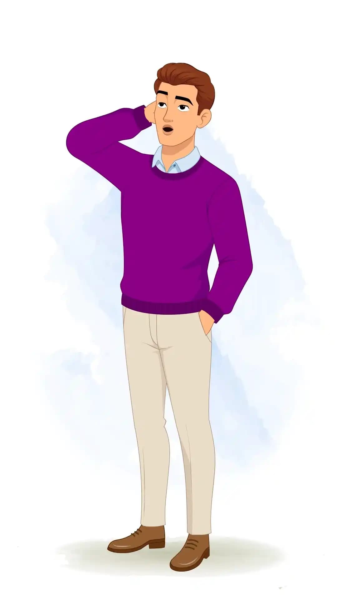 Vector illustration of a young man in a one‑third three‑quarter view, scratching the back of his head with a puzzled expression, one hand in his pocket, wearing a purple sweater and beige trousers, conveying confusion and uncertainty AKA Antonio
