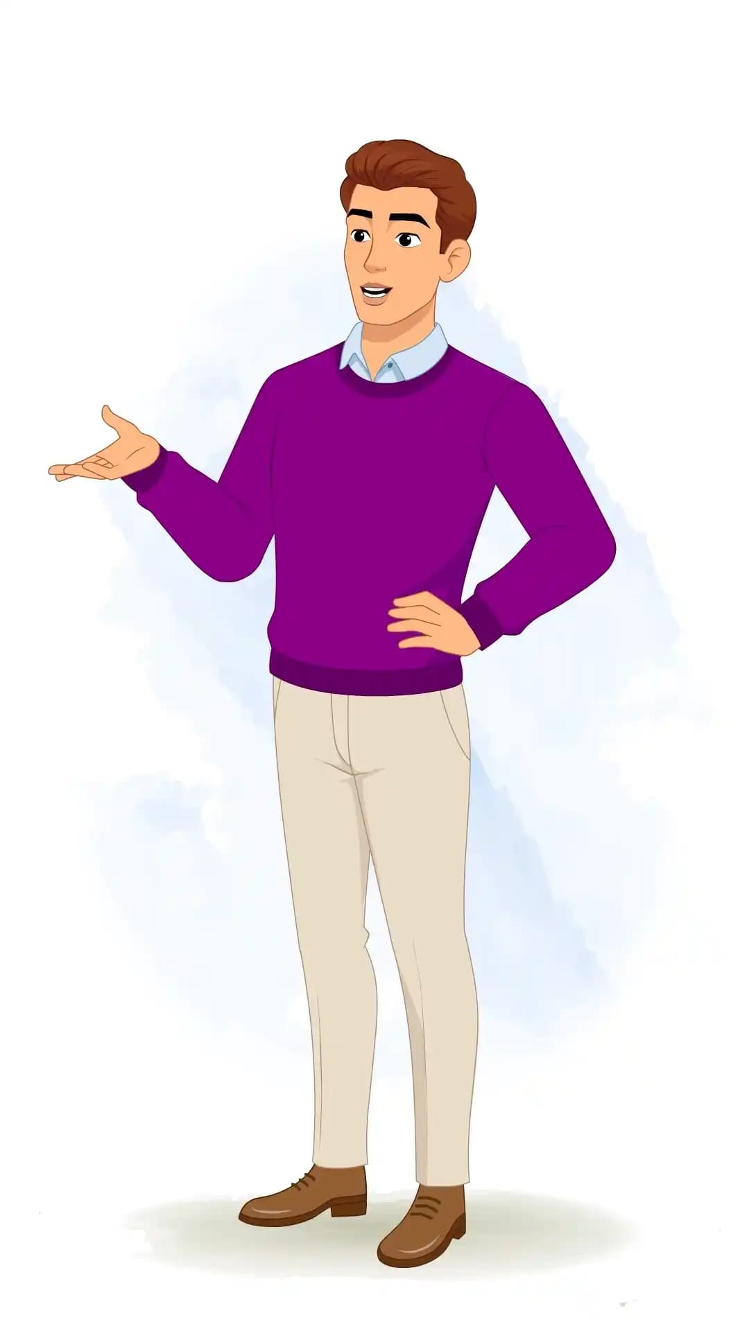 Vector illustration of a young man in a one‑third view, standing with one hand on his hip and the other extended in a welcoming gesture, mouth open as if speaking, wearing a purple sweater and beige trousers AKA Antonio