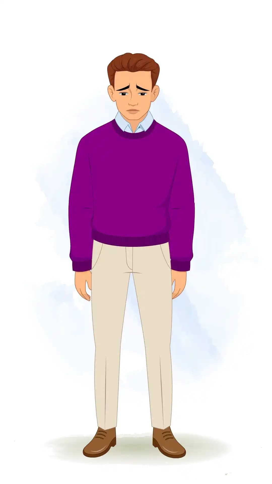 Vector illustration of a young man in a front view with slumped shoulders and downcast eyes, hands at his sides, wearing a purple sweater and beige trousers, conveying deep sadness and dejectionAKA Antonio