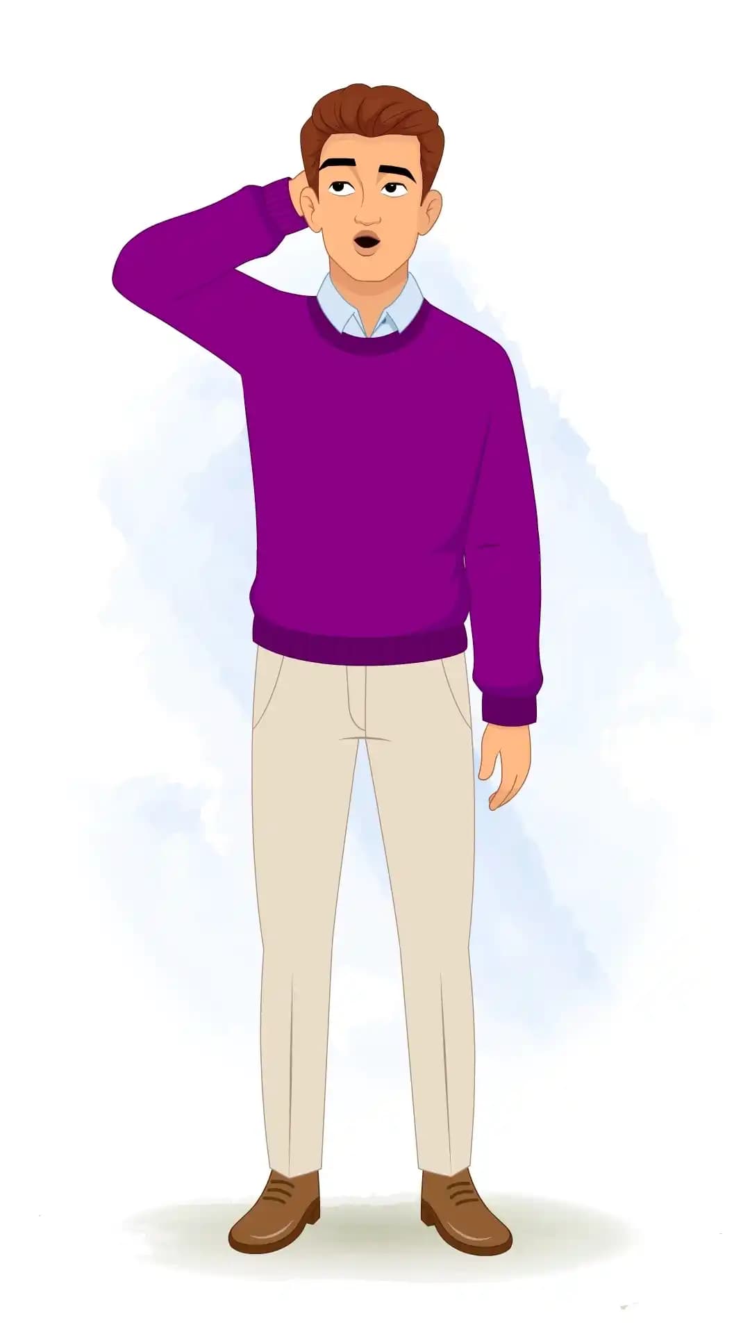 Vector illustration of a young man in a front view, scratching the back of his head with one hand, mouth ajar and eyebrows raised in bewilderment, wearing a purple sweater and beige trousers AKA Antonio
