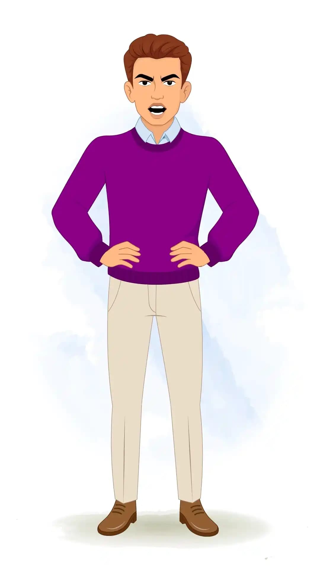 Vector illustration of a young man seen from the front, hands on hips, mouth open in a shout and eyebrows furrowed, wearing a purple sweater and beige trousers AKA Antonio