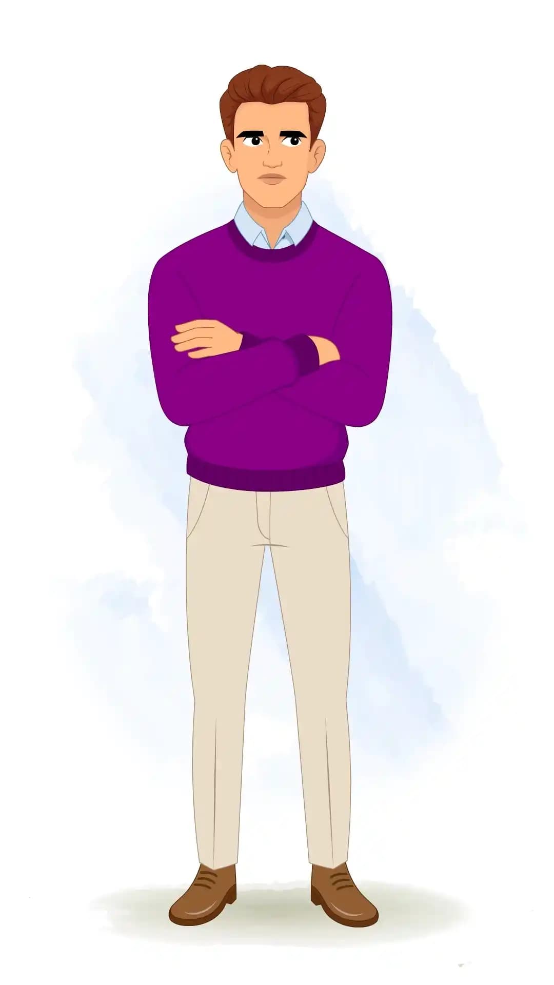Vector illustration of a young man seen from the front with arms crossed and a furrowed brow, wearing a purple sweater and beige trousers, conveying an annoyed, displeased expression AKA Antonio