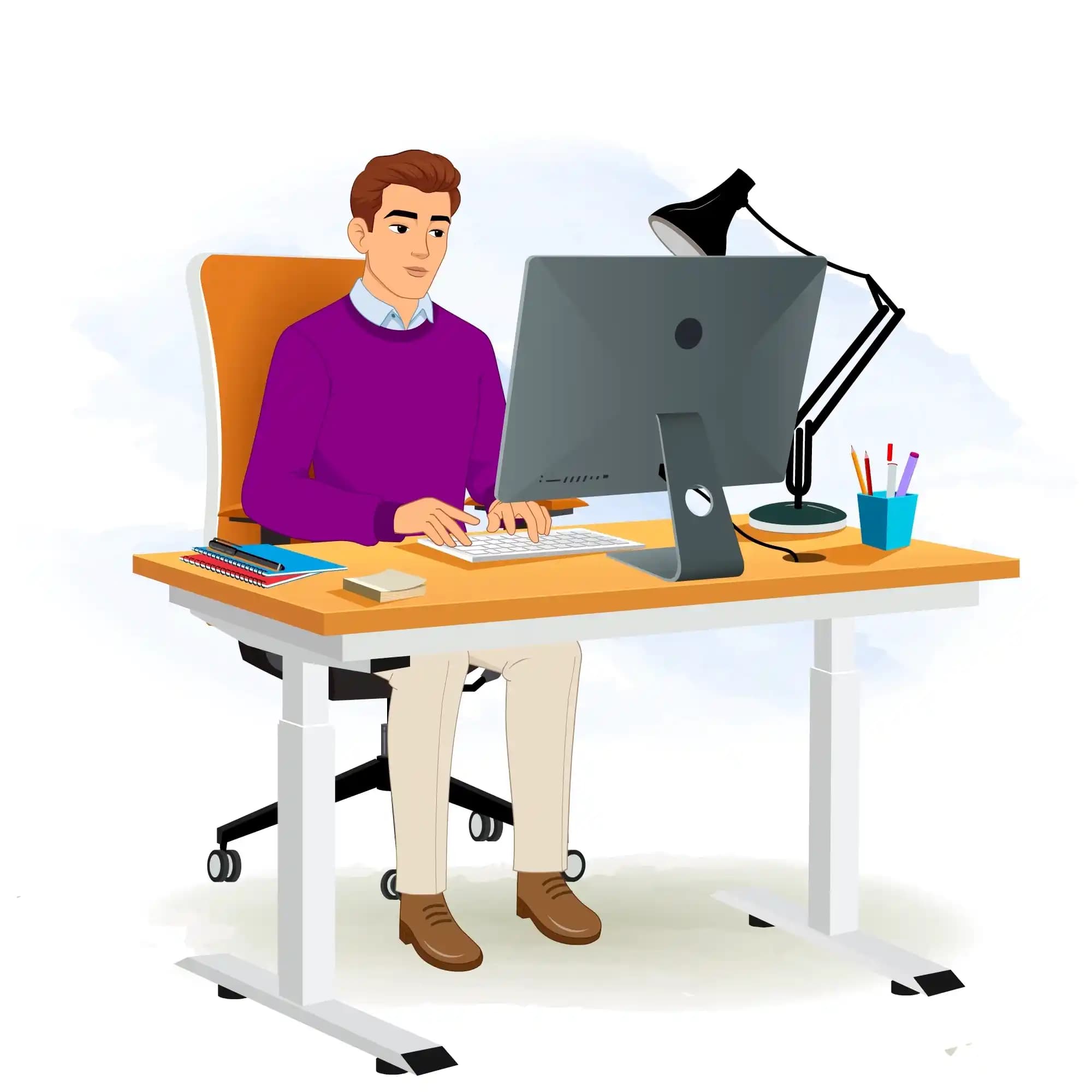 Vector illustration of a young man seated at a modern office desk, typing on a computer keyboard with a focused expression, surrounded by a monitor, desk lamp, notebooks, and pen holder AKA Antonio