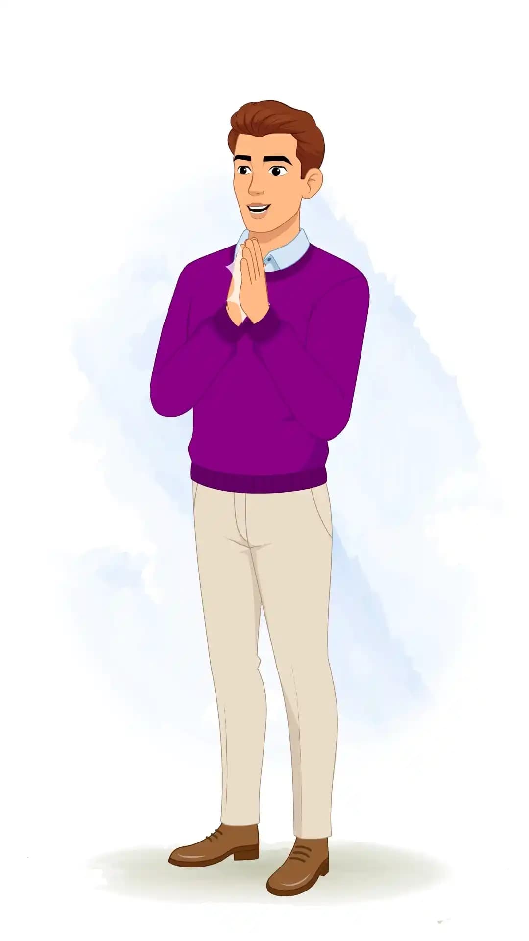 Vector illustration of a young man in a one‑third view, wearing a purple sweater and beige trousers, clapping his hands with an enthusiastic smile, perfect for applause or celebration animations AKA Antonio