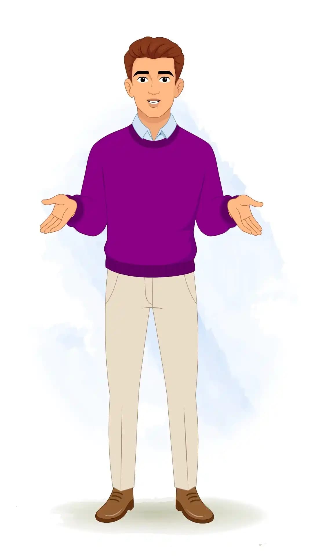 Vector illustration of a young man in a front view, wearing a purple sweater and beige trousers, gesturing with open palms and a friendly expression as if explaining or presenting AKA Antonio