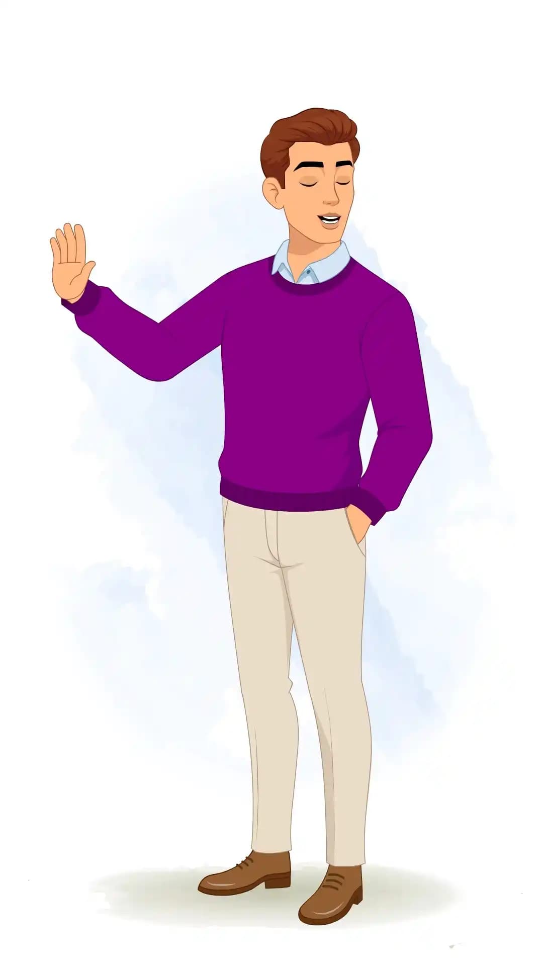 Vector illustration of a young man in a one‑third view, wearing a purple sweater and beige trousers, raising his hand with palm facing outward and eyes closed, clearly indicating refusal AKA Antonio