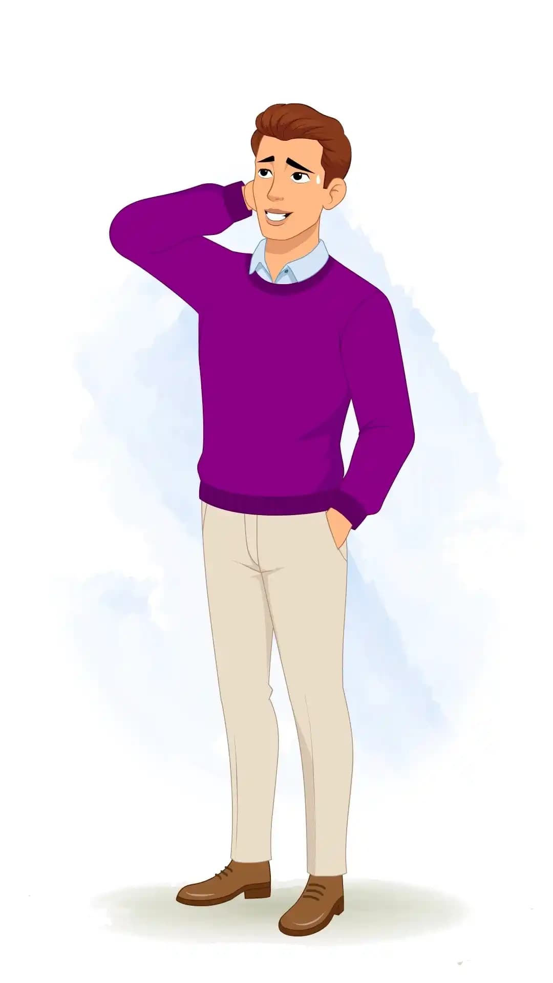 Vector illustration of a young man in a one‑third view, wearing a purple sweater and beige trousers, nervously scratching the back of his head with a bead of sweat on his temple, conveying uncertainty and hesitation AKA Antonio