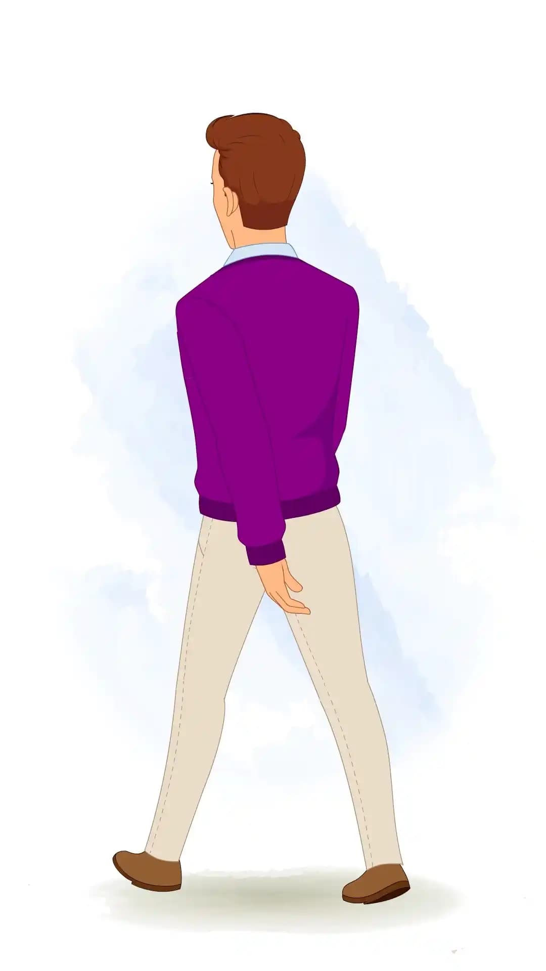 Vector illustration of a young man seen from a back‑three‑quarter perspective, wearing a purple sweater and beige trousers, striding forward with one foot in front of the other in a smooth rear walk cycle AKA Antonio