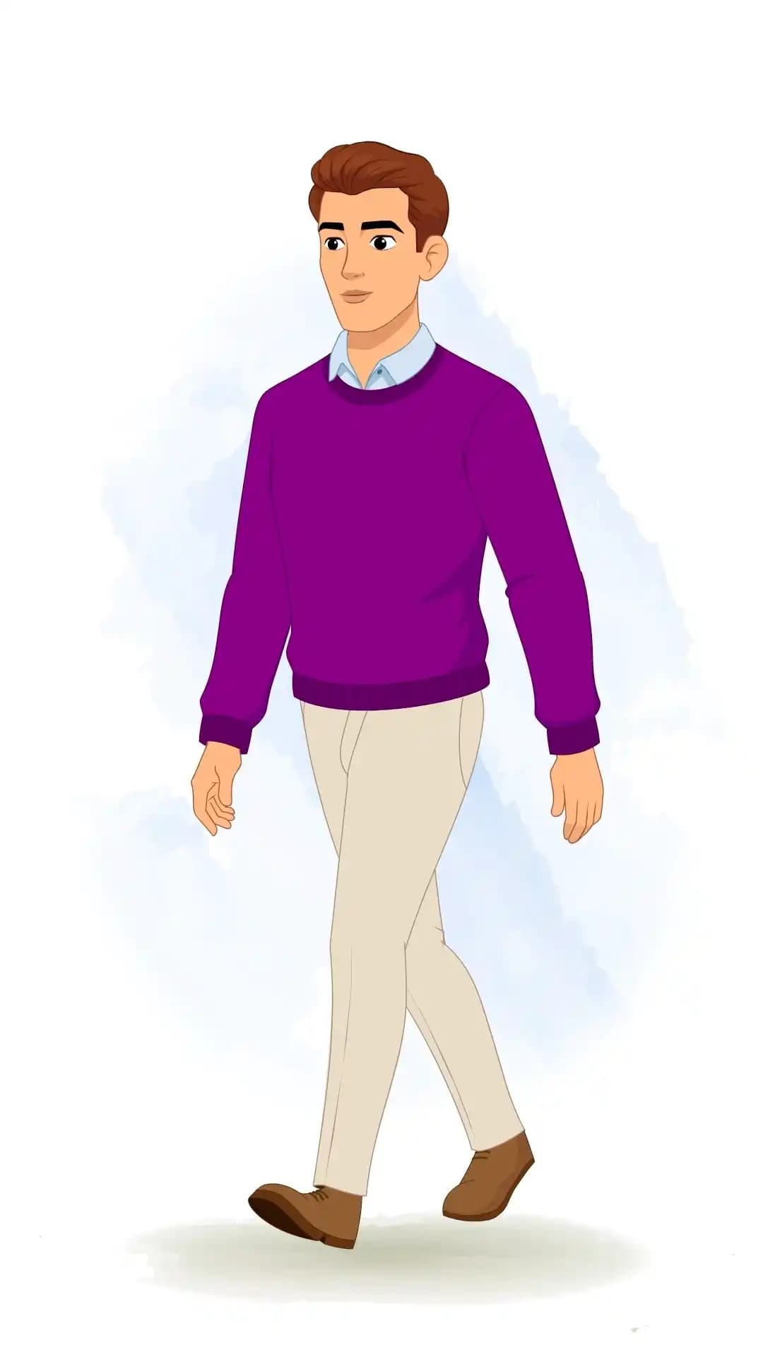 Vector illustration of a young man in a one‑third three‑quarter view, wearing a purple sweater and beige trousers, walking forward with a casual stride AKA Antonio