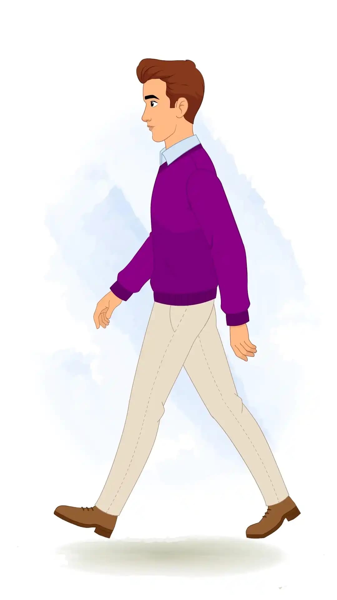Vector illustration of a young man in a full side profile, wearing a purple sweater and beige trousers, taking a casual lateral stroll with one foot lifted and arms swinging naturally in a smooth walk cycle AKA Antonio