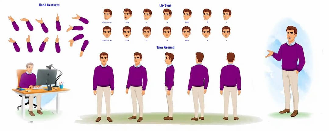 Editable vector model sheet showing a young man character in full-body turnarounds (front/¾/side/back‑¾/back), a seated desk‑work pose, a standing talk pose, a set of fourteen hand‑gesture sprites, and twelve lip‑sync mouth shapes, all arranged on one sheet for seamless animation AKA Antonio