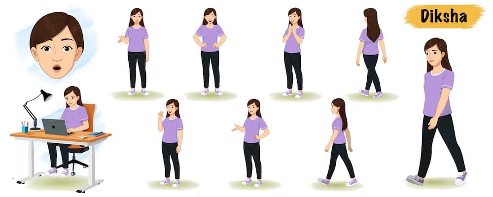 Asian young woman animated vector cartoon character model sheet AKA Diksha