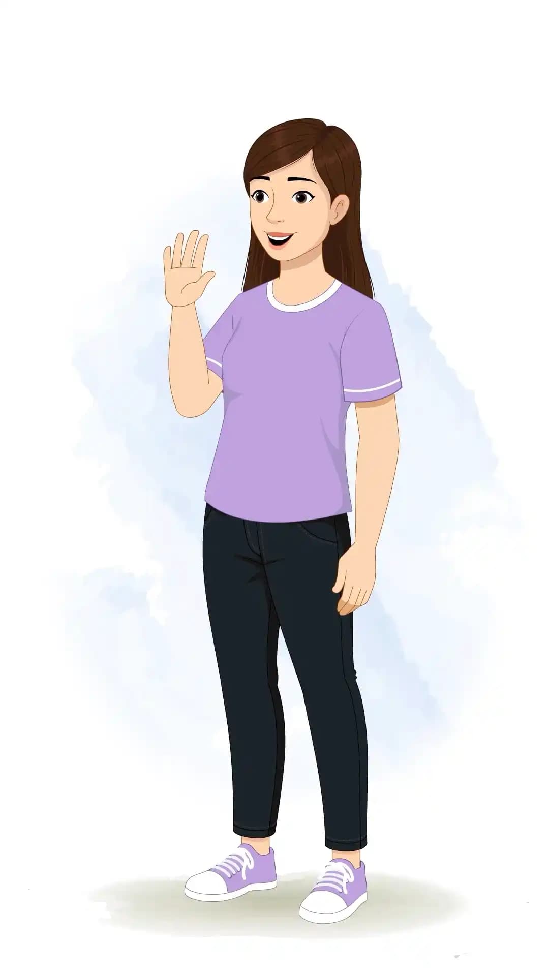 Illustration of a young woman in a lavender T-shirt and dark jeans, smiling and raising her hand in a friendly wave, front view, 2D vector style AKA Diksha