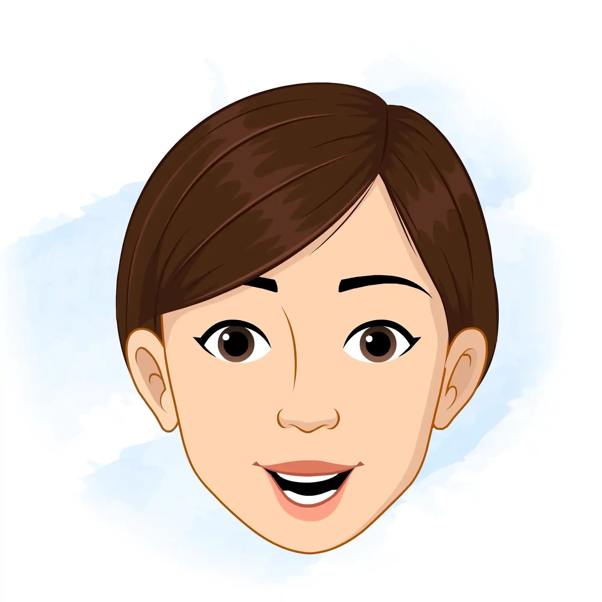 Vector model sheet displaying a young woman character’s full range of facial expressions—neutral, happy, sad, angry, confused, surprised, thinking, annoyed, laughing, smirk, winking, yawning, and six lip-sync mouth shapes (A, O U W, M B P, F V, Th, L)—all on one editable layout AKA Diksha