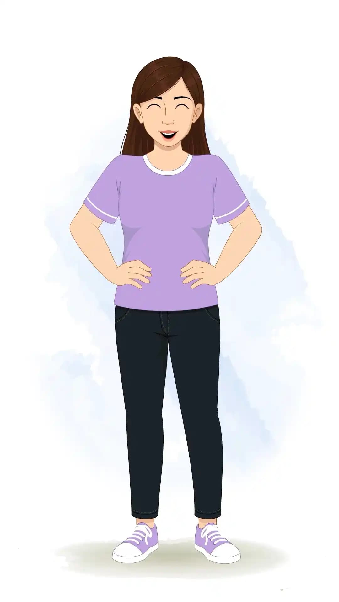 Illustration of a young woman facing forward, eyes closed and mouth open in hearty laughter, 2D vector style AKA Diksha