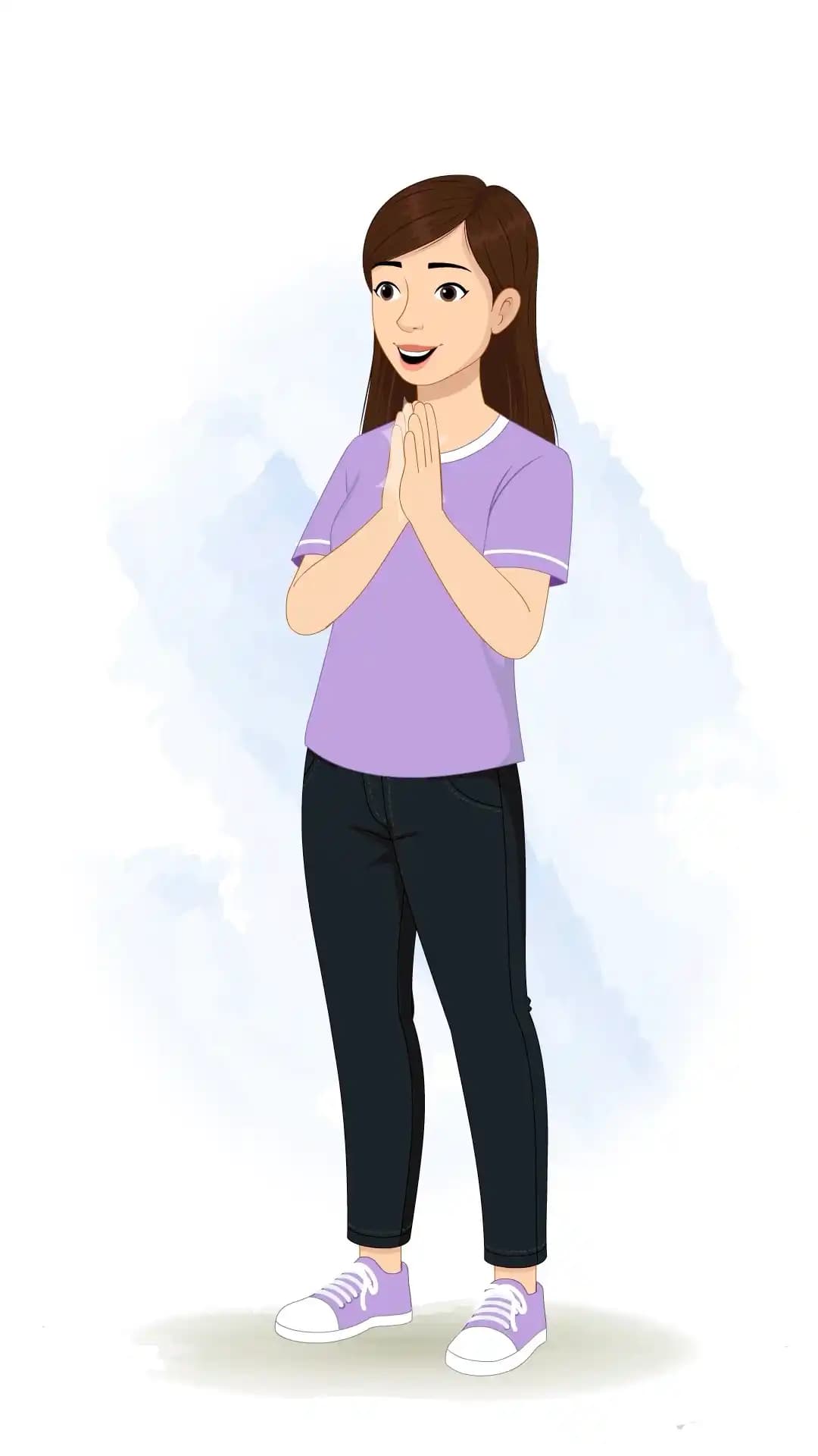 2D animated vector illustration of a young woman seen in a one-third three-quarter view, clapping her hands enthusiastically while wearing casual attire, ready for animation AKA Diksha