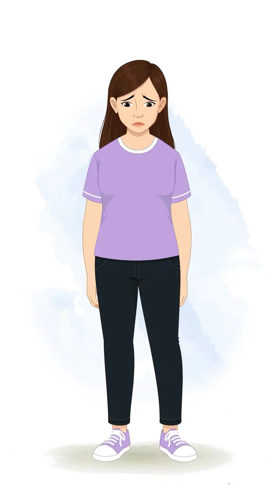 Illustration of a young woman standing facing forward with a downcast expression, tears in her eyes, 2D vector style AKA Diksha