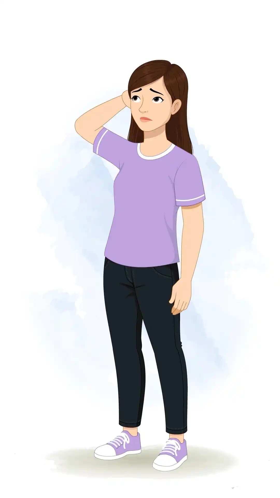 Illustration of a young woman viewed at a one-third angle, scratching her head with a puzzled expression, 2D vector style AKA Diksha