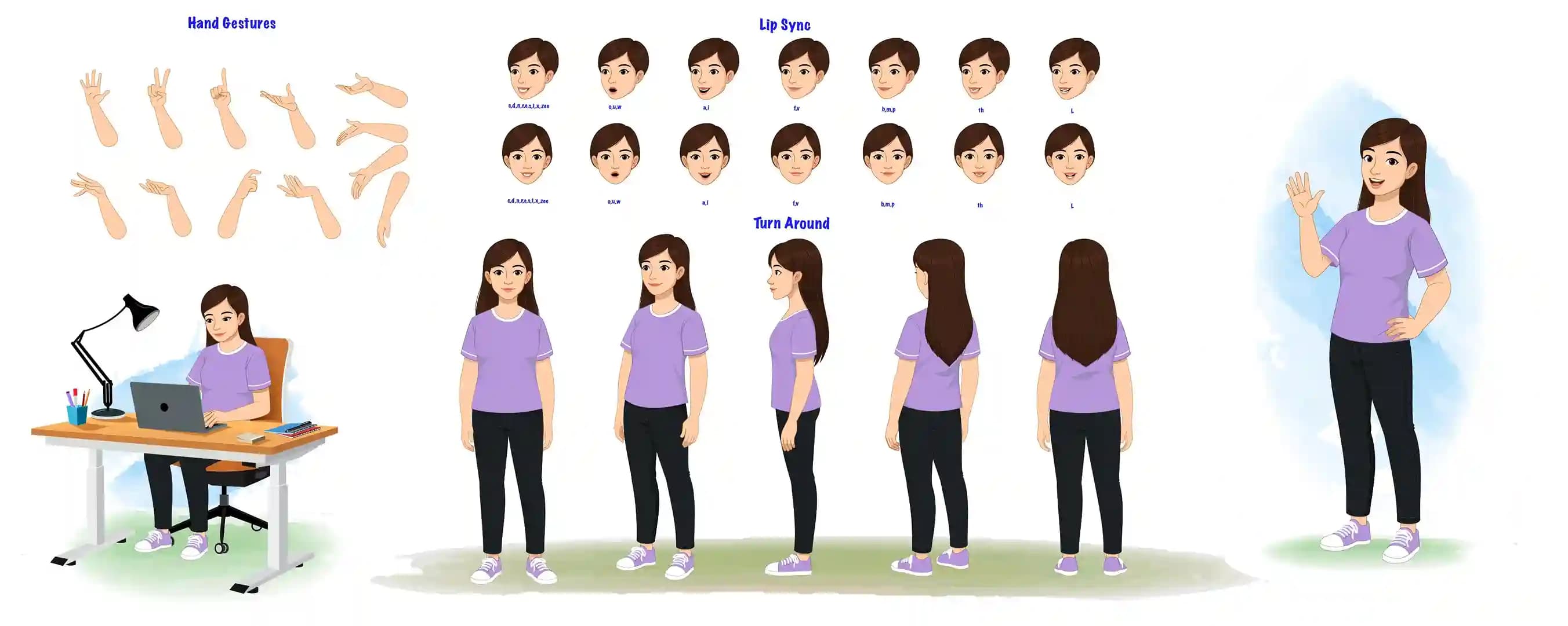 Detailed vector model sheet of a college girl in a purple T-shirt and black jeans, featuring: a full set of hand gesture illustrations, lip-sync mouth shapes (o, uw, ah, fv, bmp, th, l), turn-around views (front, 3/4, side, back), a seated “working on computer” pose, and a standing greeting pose AKA Diksha