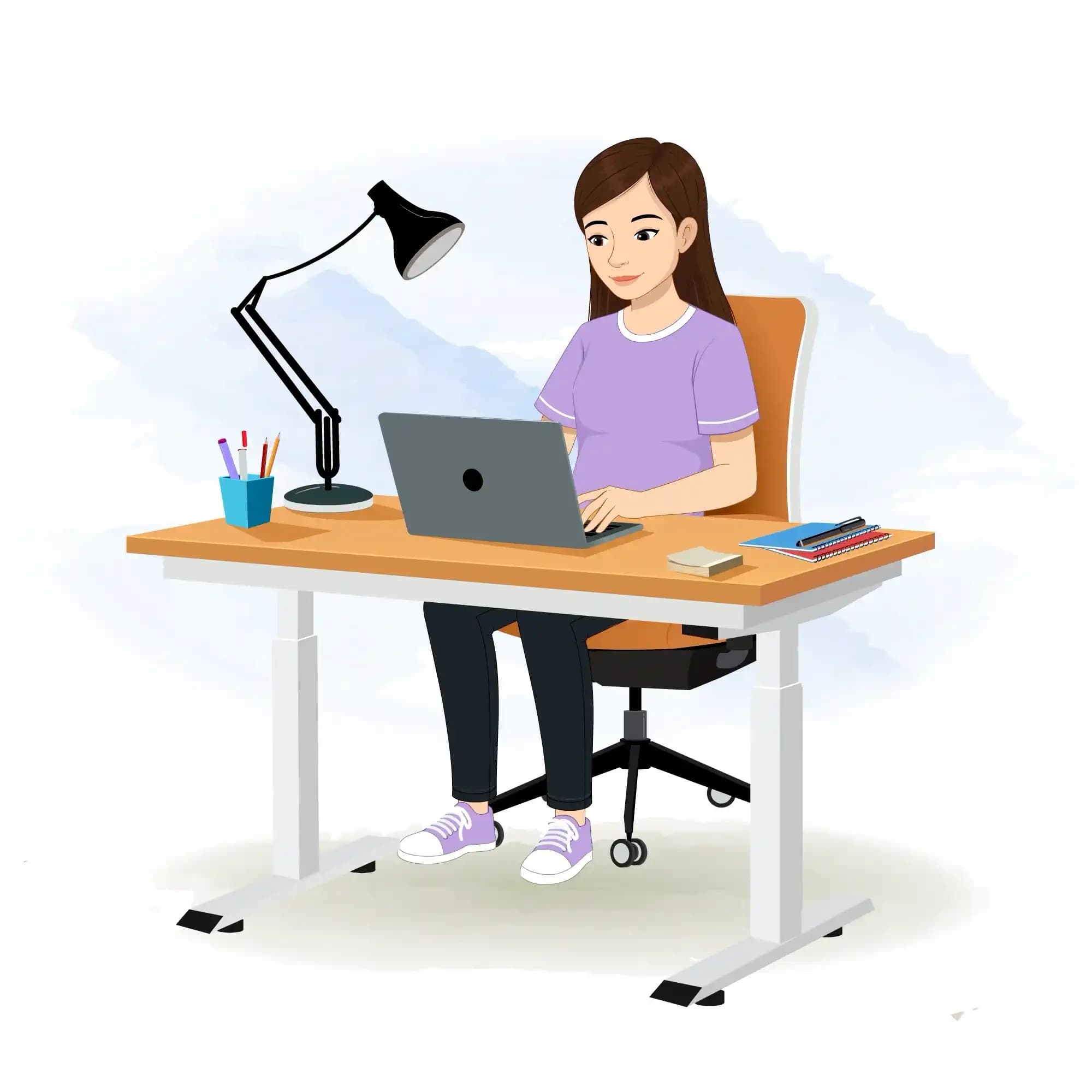 Illustration of a young woman seated at a desk typing on a computer keyboard, focused expression, front view, 2D vector style AKA Diksha