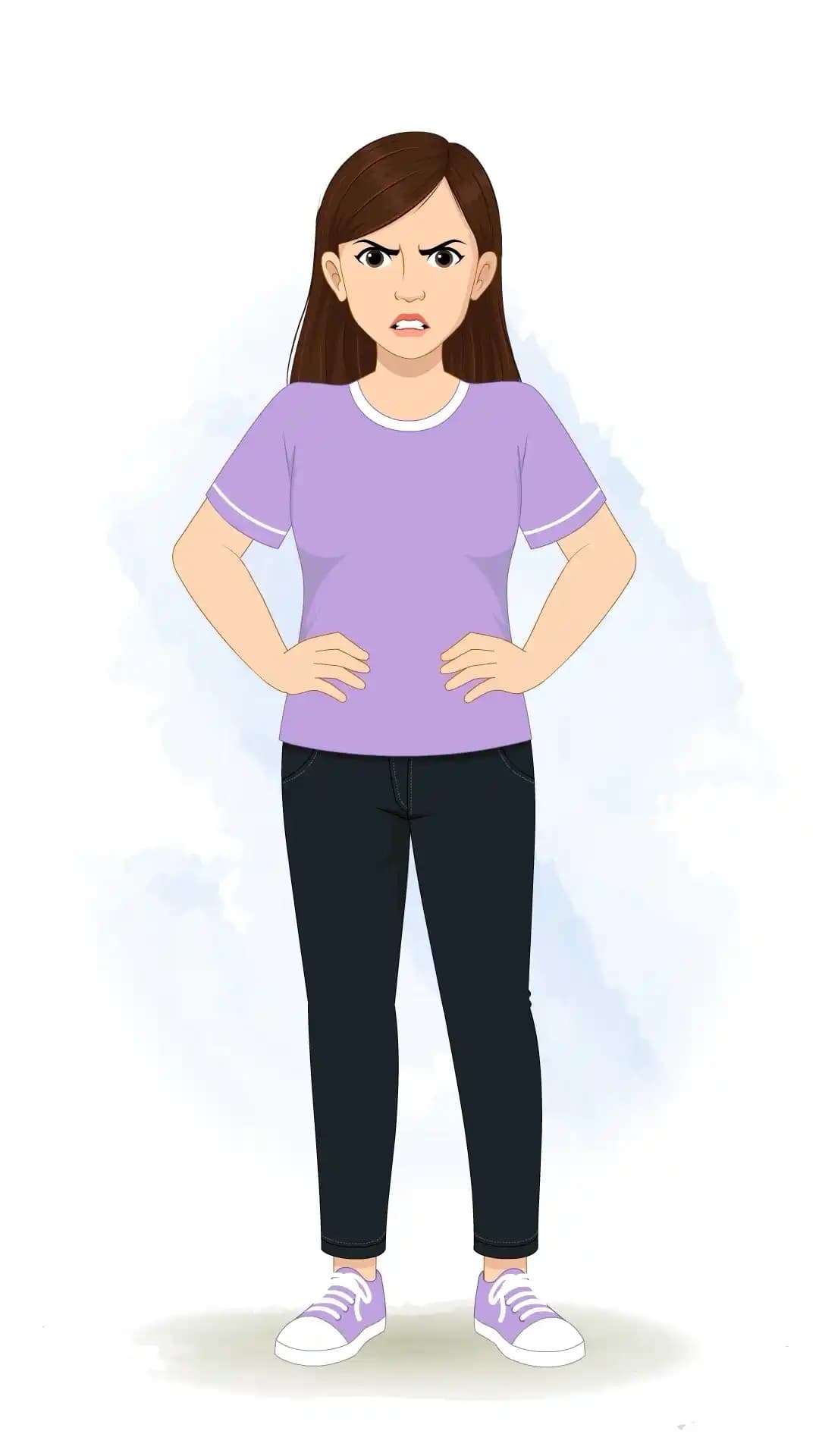 Illustration of a young woman standing facing forward with an angry expression, arms crossed, 2D vector style AKA Diksha