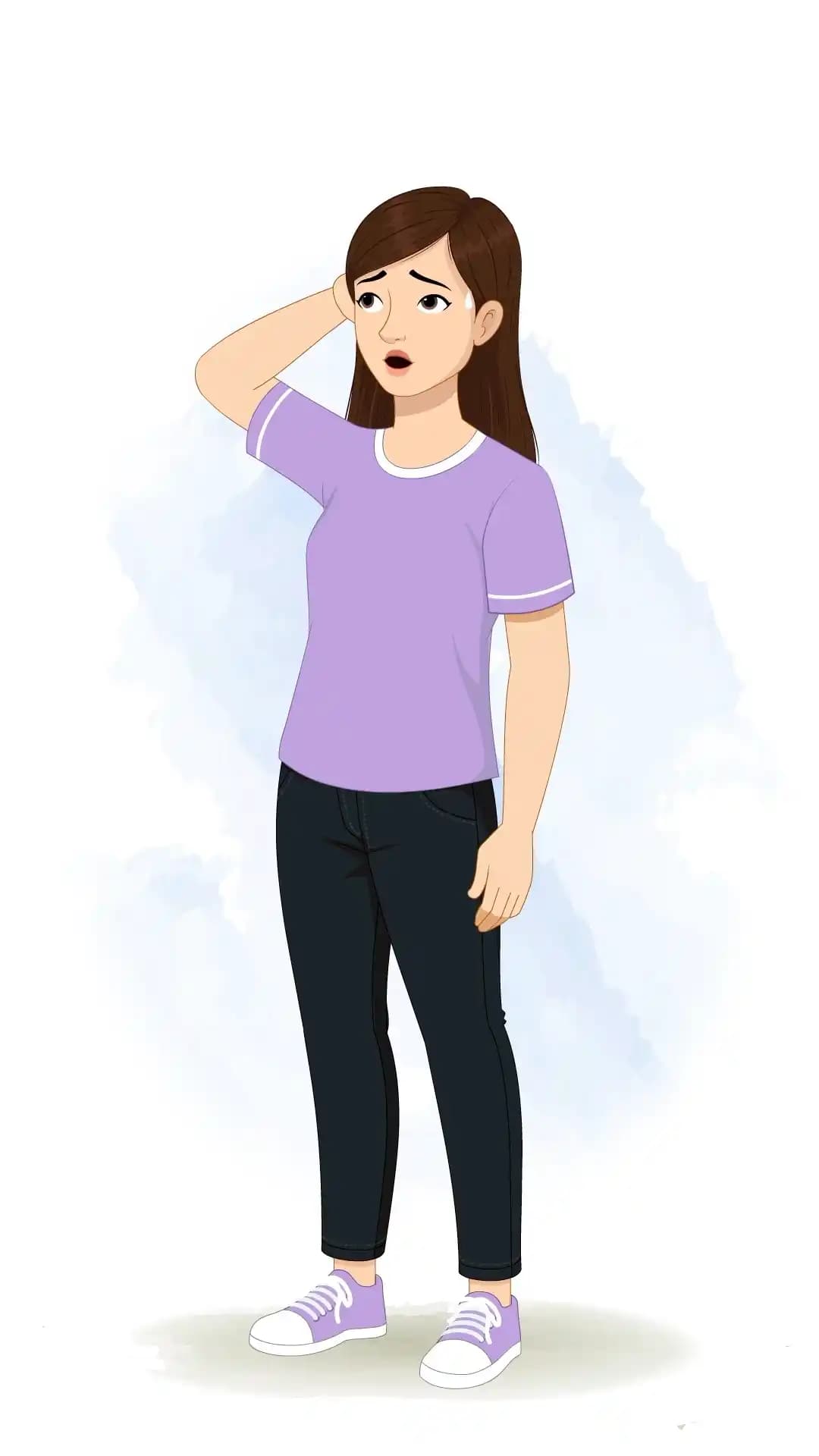 Vector illustration of a young woman in a one-third view with a nervous expression, eyebrows raised and hand to her face, ready for 2D animation AKA Diksha