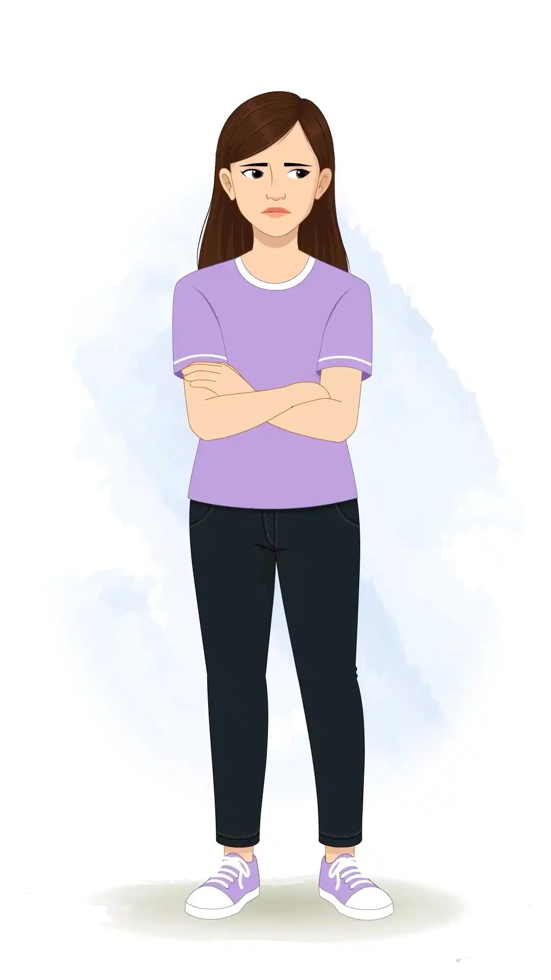 Illustration of a young woman facing forward with furrowed brows and arms crossed, expressing annoyance in a 2D vector style AKA Diksha