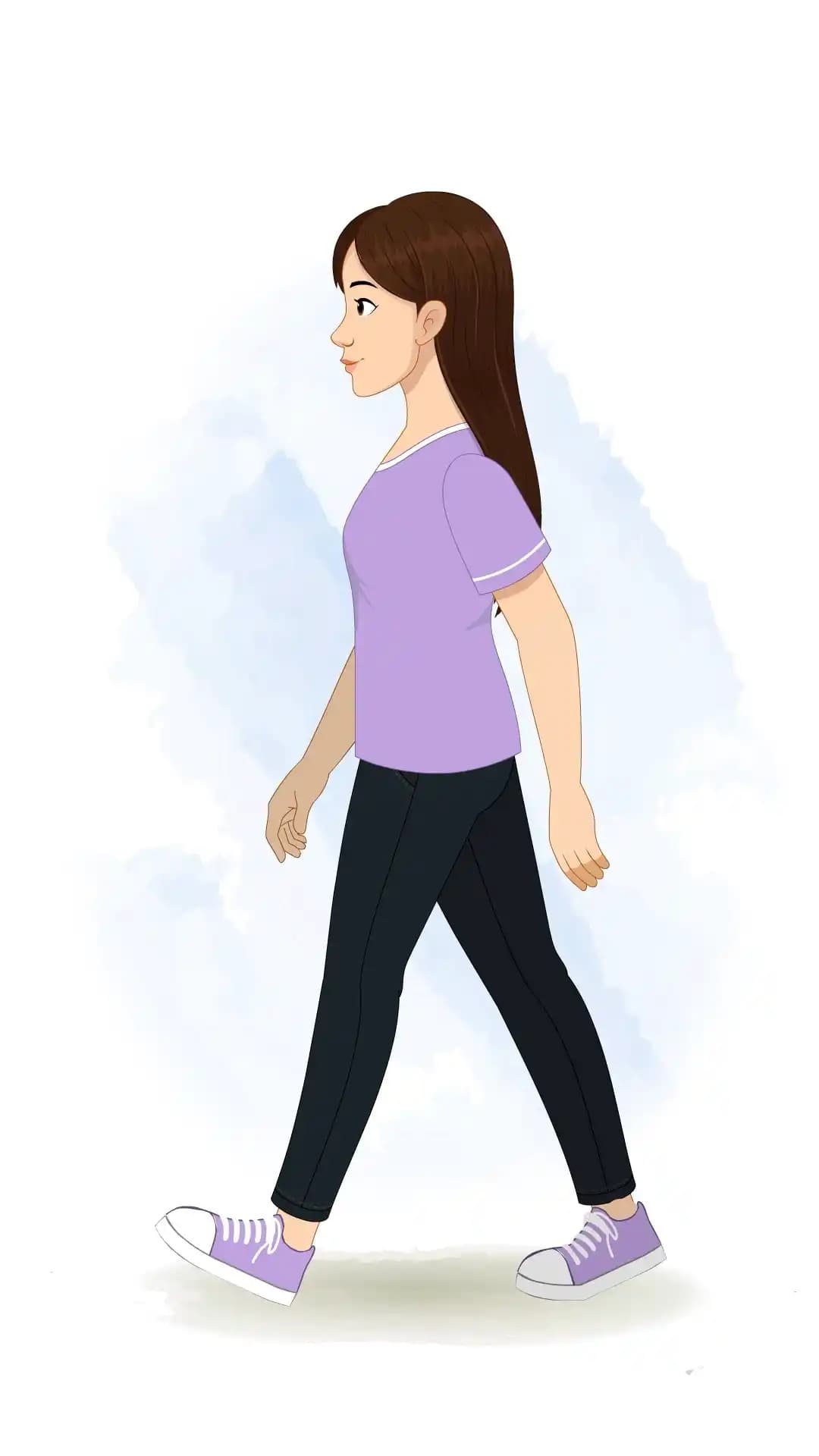 2D animated vector of a young woman in a side view walking with a casual stride, wearing a lavender T-shirt and dark jeans, ready for seamless rigged animation AKA Diksha