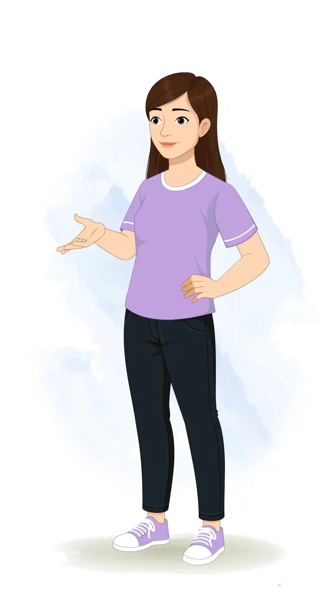 2D animated vector of a young woman in a one-third three-quarter view speaking with open hand gestures and a friendly expression AKA Diksha