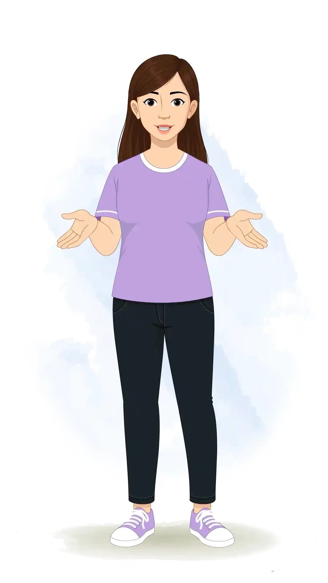 2D animated vector illustration of a young woman in a front view speaking with an open hand gesture, wearing a lavender T-shirt and dark jeans AKA Diksha