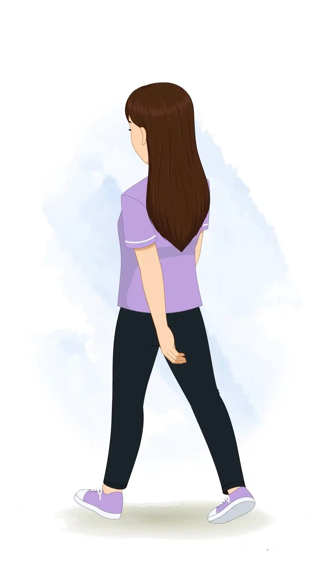 2D animated vector illustration of a young woman walking away in a back-three-quarter view, wearing a lavender T-shirt and dark jeans, captured mid-stride for seamless animation AKA Diksha