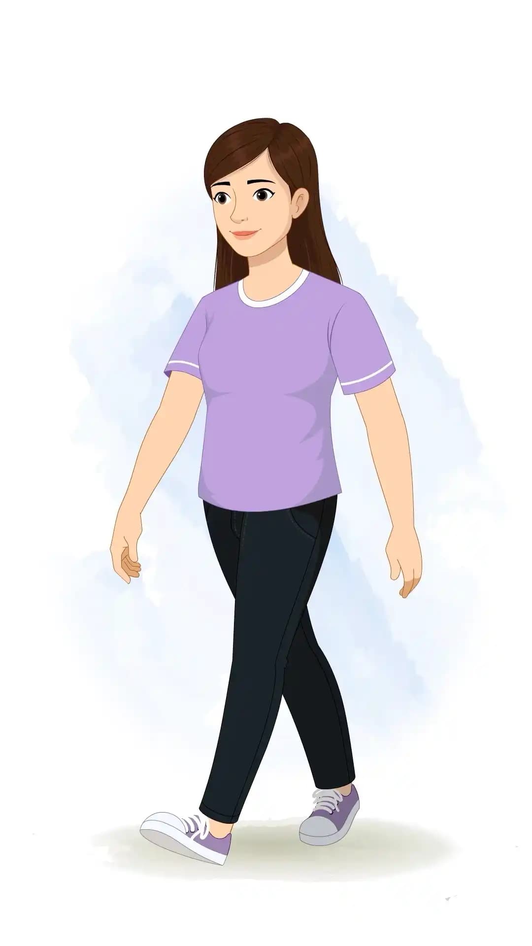 2D animated vector of a young woman seen in a one-third three-quarter view walking forward with a casual stride, wearing a lavender T-shirt and dark jeans, ready for rigged animation AKA Diksha