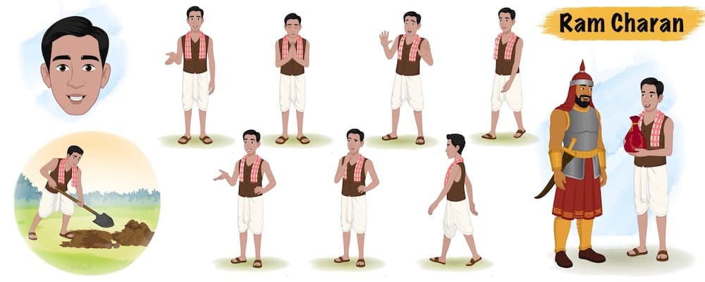 Indian poor man animated vector cartoon character model sheet AKA Ram charan
