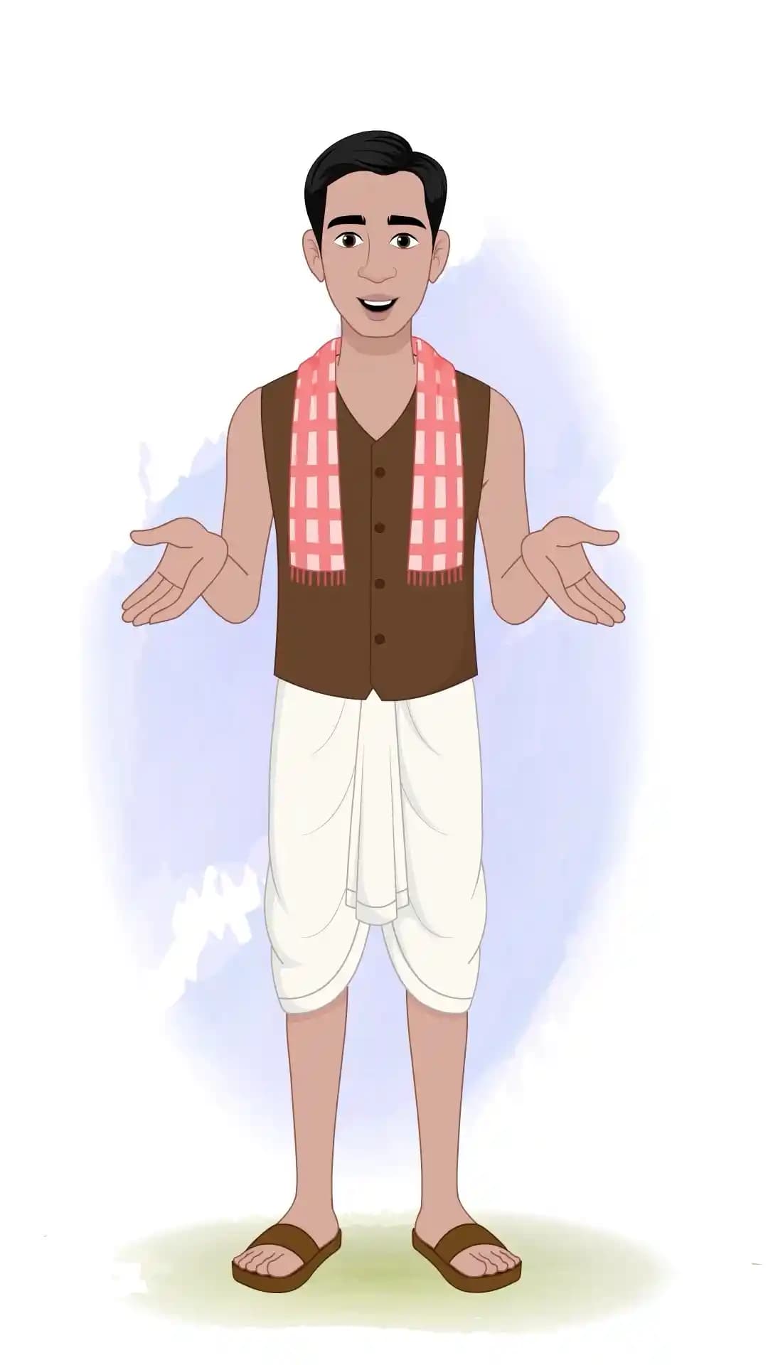 Front view of an Indian poor man in a dhoti and shawl, speaking with open-handed gesture AKA Ram charan
