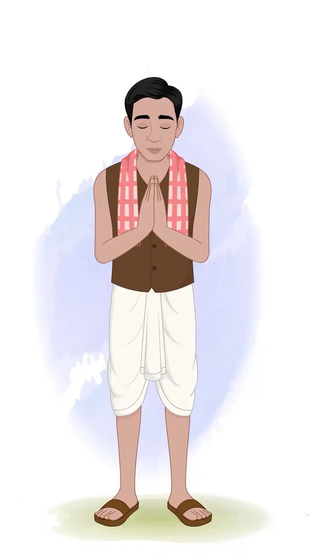 Front view of an Indian poor man in traditional dhoti and shawl, hands folded in namaste greeting with calm expression AKA Ram charan