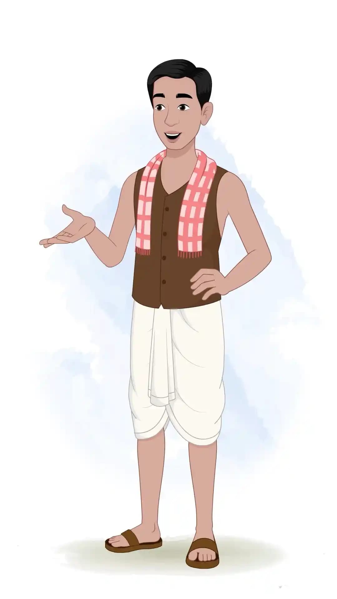 Three-quarter view of an Indian poor man in traditional dhoti and shawl, gesturing with one hand while speaking, conveying a friendly talking pose AKA Ram charan