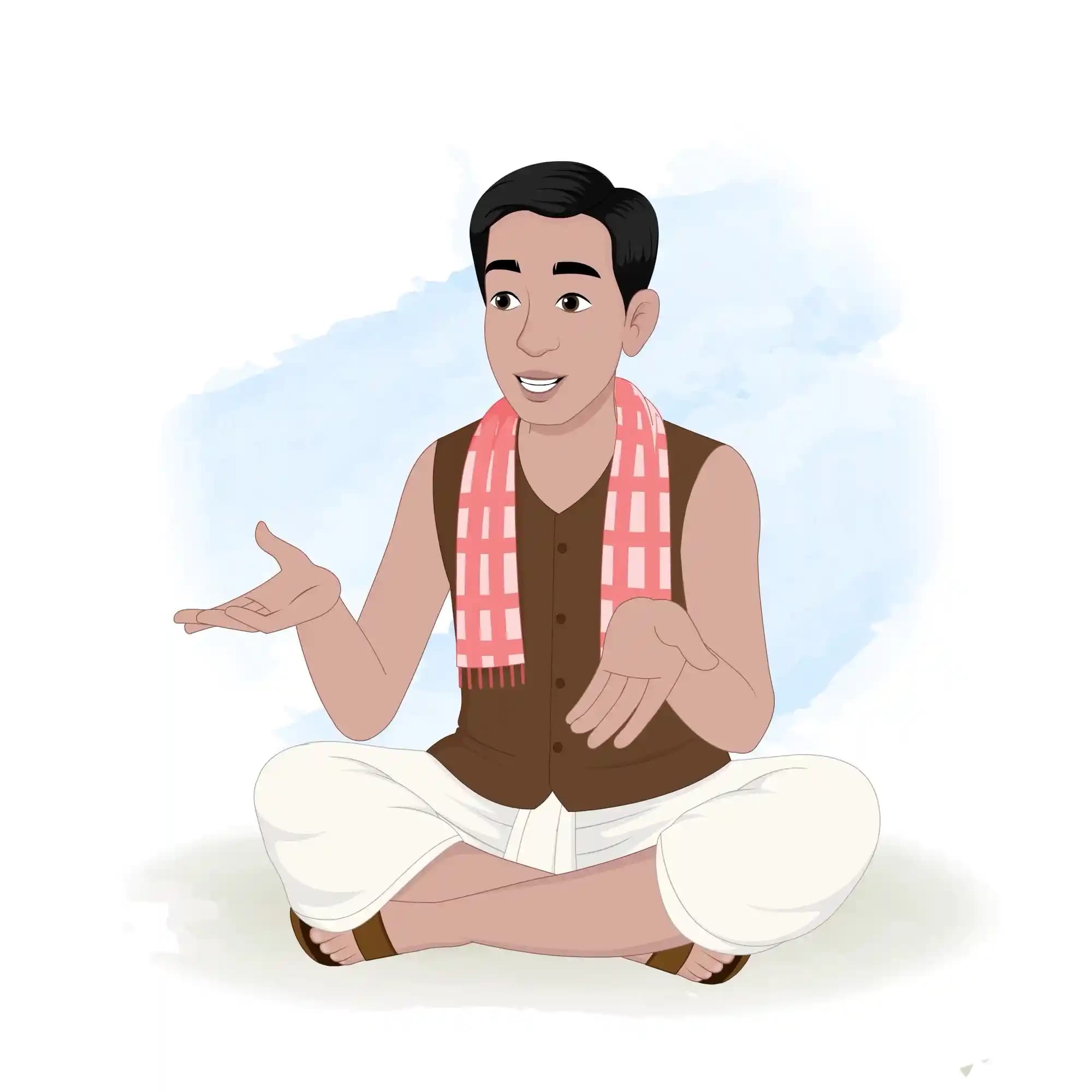 Front view of an Indian poor man sitting cross-legged on the ground, gesturing with both hands as he speaks in a conversational pose AKA Ram charan