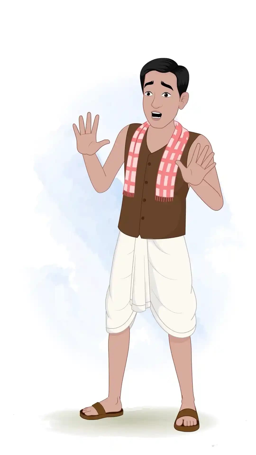 Front-facing illustration of an Indian poor man in traditional dhoti and vest, looking frightened with raised hands and wide eyes AKA Ram charan
